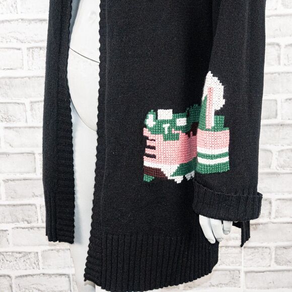 Skull Cashmere open front Hooded Cardigan in Black Embroidered Women's Medium - Picture 8 of 10